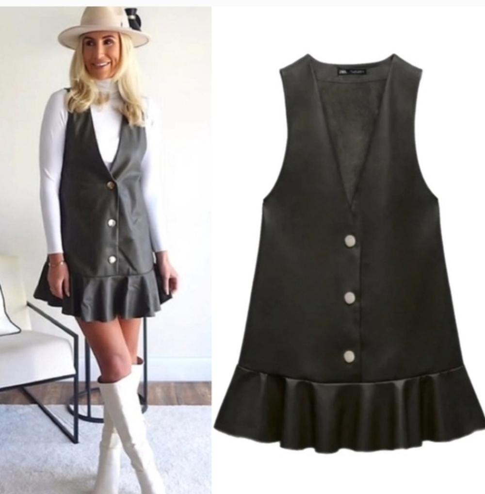ZARA Olive Green Faux Leather Ruffle Mini Dress * 2 Or More 20% Off